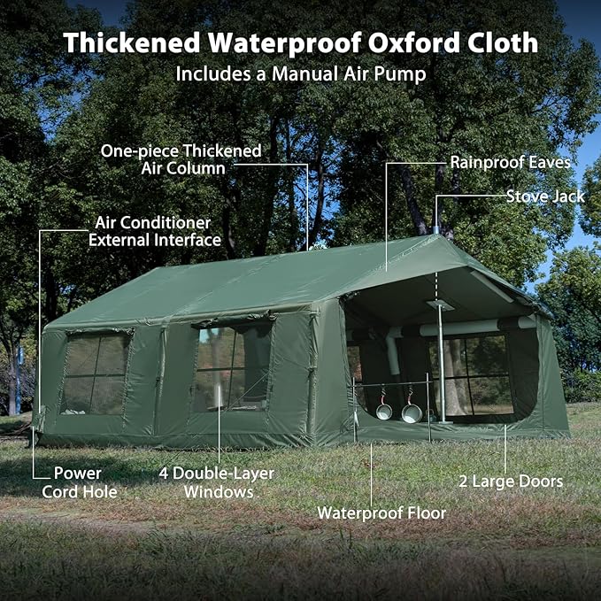 Inflatable Camping Tent with Hand Pump Waterproof Outdoor Blow up Tent 2-8 Person Oxford 4 Season Glamping Air Tent Cabin House with Mesh Windows &amp Door