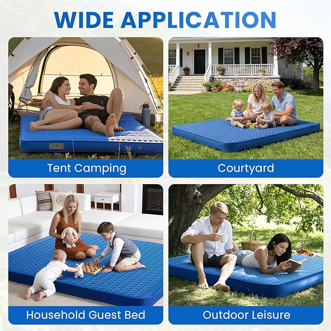 Self Inflating Double Sleeping Pad for Camping with Electric Pump 4 Inch Ultra Thick Memory Foam 2 Person Inflatable Sleeping Pad All Season Full Size Portable Camping Mattress for Travel Tent (Blue)