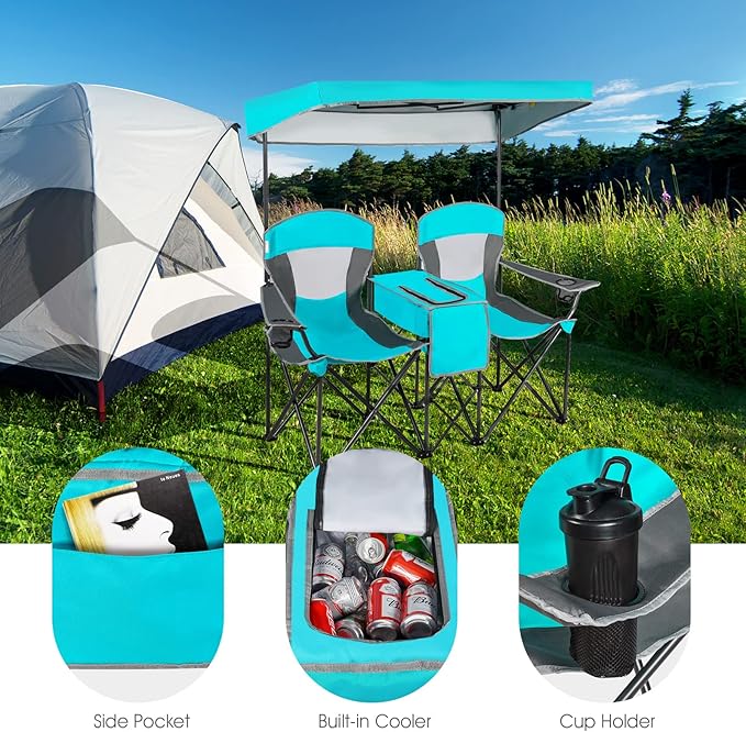 S AFSTAR Double Camping Chair w/Shade Canopy 2-Person Folding Camp and Beach Chair with Mini Table Beverage Cup Holder Carrying Bag Collapsible Camping Chairs for Garden Patio Pool Beach