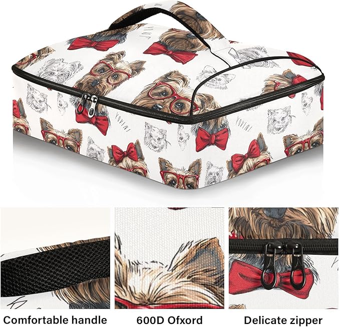 Casserole Carrier Red Glasses and Bow DogInsulated Casserole Carrier for Hot or Cold Food Thermal Lunch Tote for Potluck Parties Picnic Beach Fits 9 x 13 Inches Baking Dish