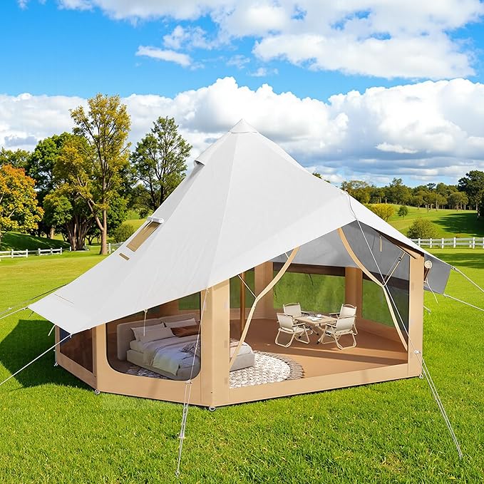 SPECRAFT Canvas Bell Yurt Tents &amp Inflatable Tent for Camping Waterproof Glamping Tent with Stove Jack Breathable Mesh Snowproofing Spacious 4-Season Family Shelter for Outdoor Camping Partie