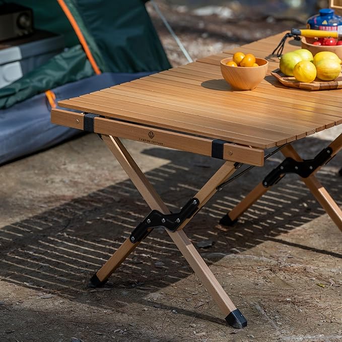 Folding Camping Table Beech Wood Portable Lightweight Roll-up Picnic Table with Carrying Bag for Outdoor Backyards BBQ Beach Party Patio(Natural Wood &amp Big)