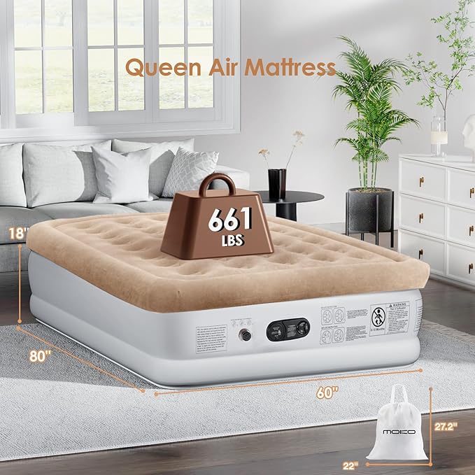 Air Mattress Queen with Built in Pump 18'' Luxury Inflatable Mattress 3 Min Fast Blow up Mattress with Dual-Chamber Comfort Top - Velvety Air Bed for Home Camping Travel Guests White + Khaki