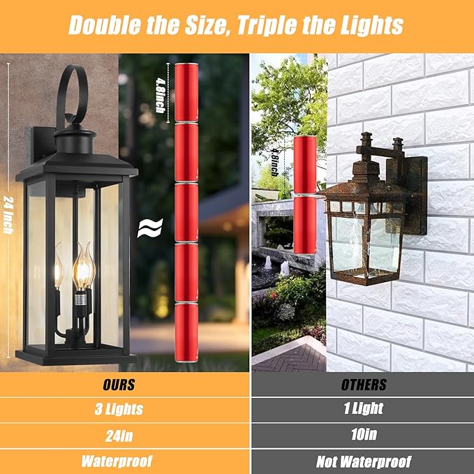 Large Outdoor Wall Light Fixture: 24in Black 3-Light Modern Porch Lantern Waterproof Exterior Lighting Sconce Wall Mount Outside Lamp for House Garage E12 Base