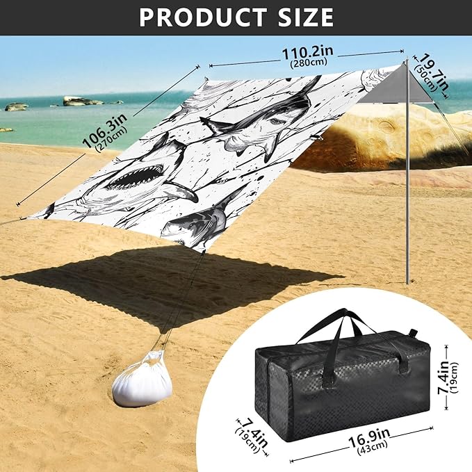 Shark Pattern Beach Tent Sun Shelter 9.2' x 10.5' Beach Canopy with 4 Sandbags 4 Stability Poles Sand Shovels - Tent Canopy for Beach Camping Fishing Picnics