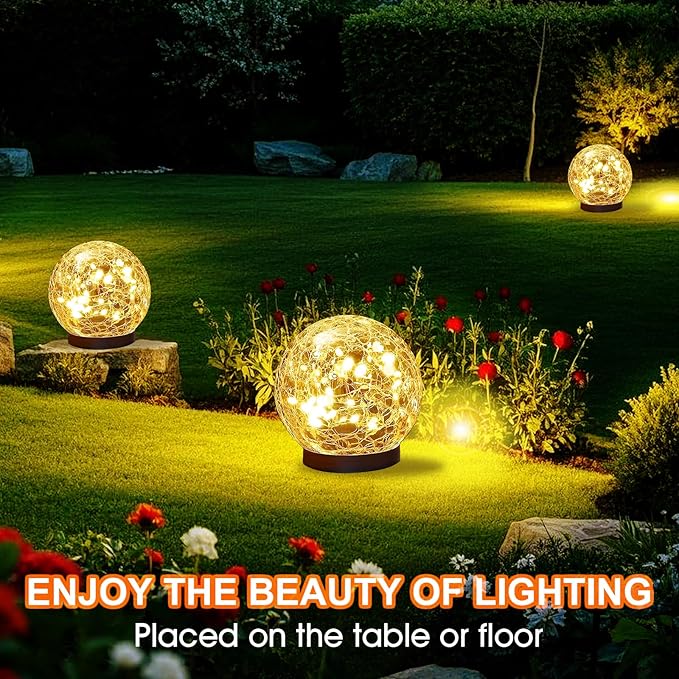Solar Globes Outdoor Waterproof 4.88''Cracked Glass Solar Lights Outdoor Bright Up to 14HIP65 Waterproof Globe Light for WalkwayPatioLandscapePathGarden Warm White (4)