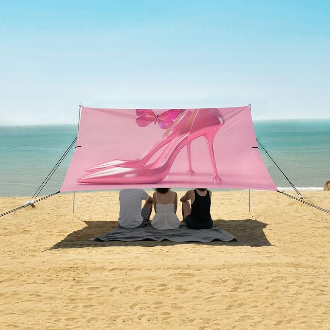 Heels Butterfly Pattern Beach Tent Sun Shelter 9.2' x 10.5' Beach Canopy with 4 Sandbags 4 Stability Poles Sand Shovels - Tent Canopy for Beach Camping Fishing Picnics