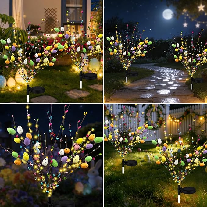 2 Pack Solar Easter Egg Lights Outdoor 96 LED Waterproof Solar Easter Yard Decorations Outdoor Easters Yard Stakes Lights with 2 Lighting Modes for Outside Lawn Walkway Patio Cemetery Grave