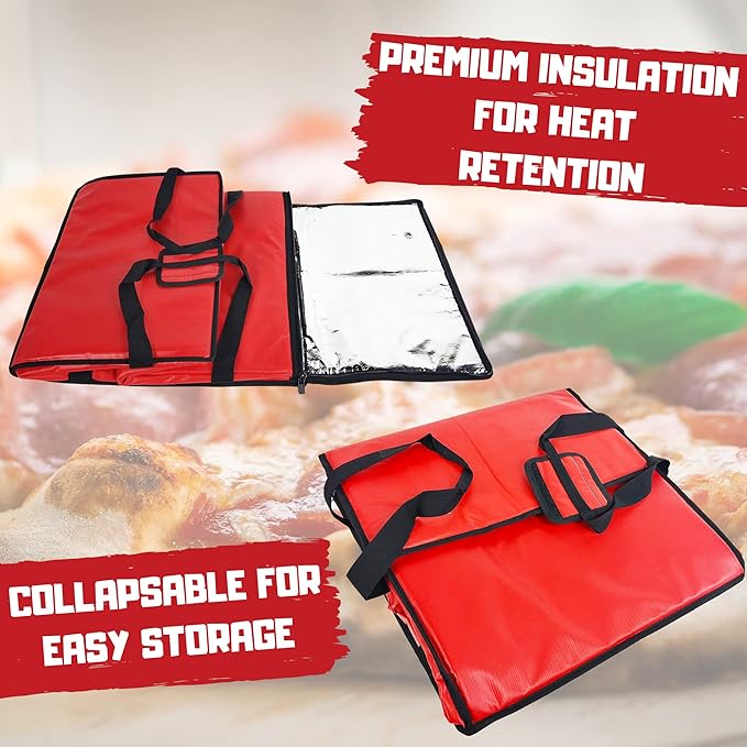FSE Insulated Pizza Food Delivery Bag Carrier 18 Inch x 18 Inch x 13 Inch Breathable Design Fits Five 16 Pizza Boxes or Four 18 Pizza Boxes for Hot or Cold Items Red
