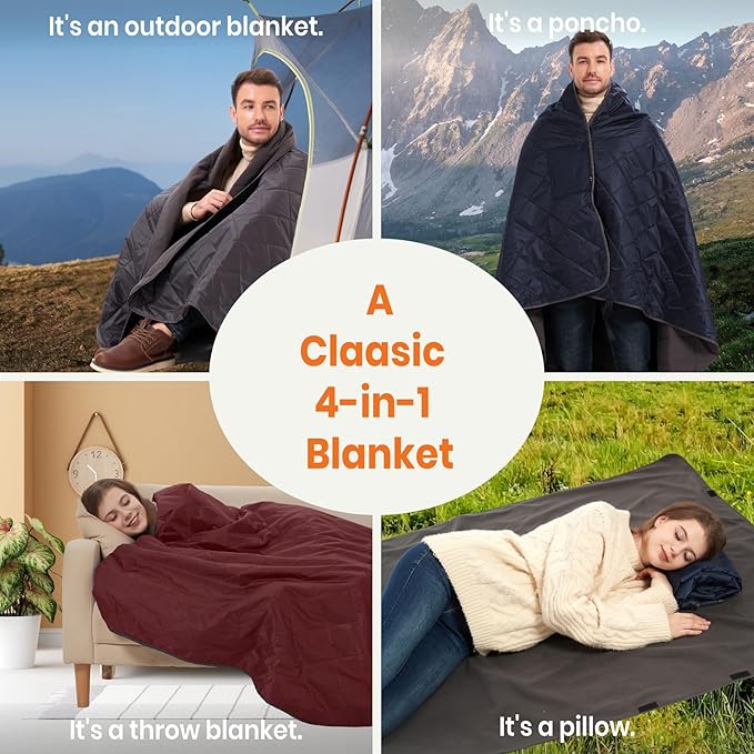 4-in-1 Large Outdoor Blanket - Waterproof &amp Windproof Thickened Warm Fleece Camping Blanket for Stadium Hiking Sporting Events - 81x57 Packable (Sapphire Blue)