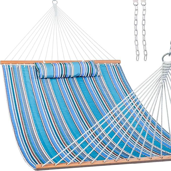 Lazy Daze Hammocks 12 FT Quilted Fabric Double Hammock with Spreader Bars and Detachable Pillow 450lbs Weight Capacity