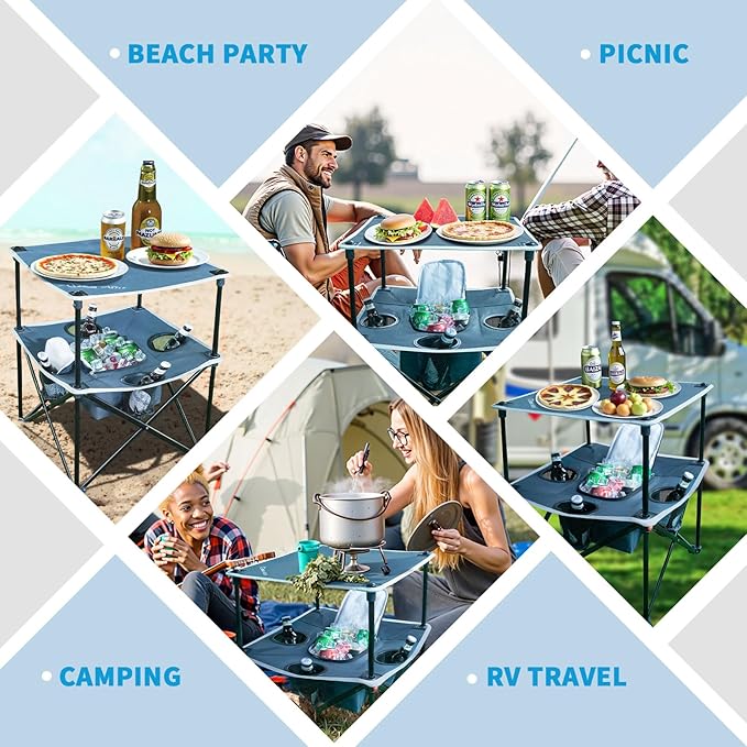 Folding Beach Table Camping Table for Sand with Insulated Cooler Storage &amp 4 Cup Holders Portable Pop Up Picnic Table Lightweight Side Table for Outdoor