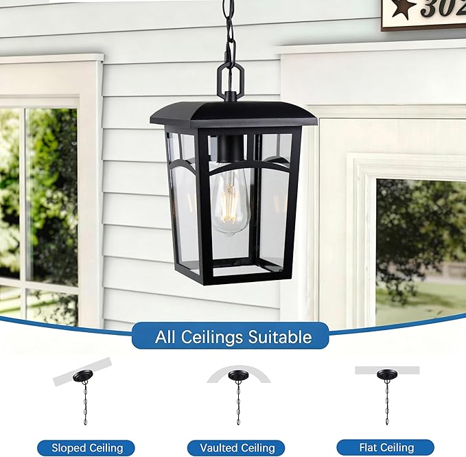 Outdoor Hanging Light Farmhouse Black Porch Pendant Lantern with Clear Glass E26 Base Modern Exterior Chandelier for Front Door Patio Entryway Gazebo Backyard