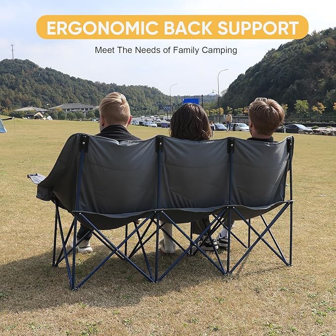 Northroad 3 Person Camping Chair Oversized 900 Lbs Outdoor Lawn Loveseat Chair Padded Folding Chairs for Adults Heavy Duty Soccer Chair w/Cup &amp Wine Glass Holder for Outside Picnic Beach Sports