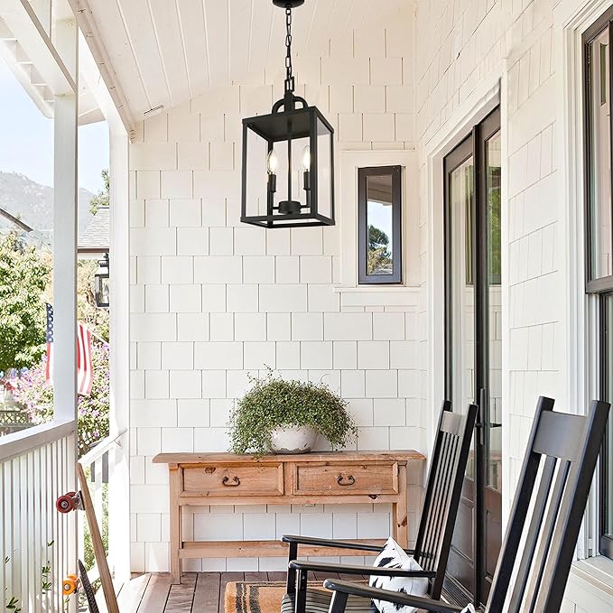 Large Outdoor Indoor Pendant Light 2-Light Modern Black Metal Outside Chandelier Exterior Hanging Fixture Ceiling Mount with Clear Glass Shade for Front Porch Entrance Foyer Entryway (Bulb Included)
