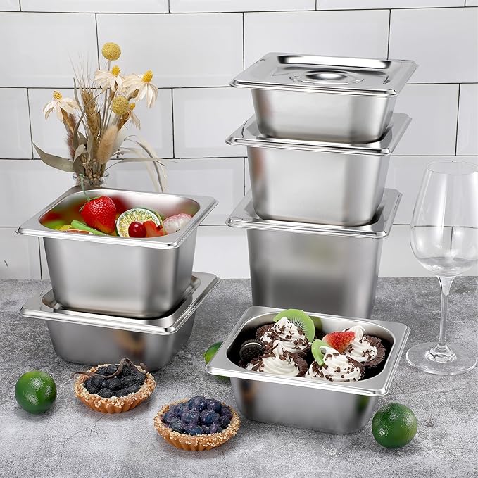 12 Pack Stainless Steel Hotel Pans with Lid 1/6 Size Steam Table Anti Clogging Steamer Restaurant Pans for Buffet Serving Commercial Catering Party 2.5'' 4'' 6'' Deep 6.9 x 6.5 Inch