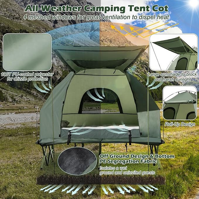 Tangkula 5-in-1 Tent Cot Combo With Awning Air Mattress Sleeping Bag Pillow Elevated Single Tent With Carrying Bag for Outdoor Camping Hiking Picnic Travel