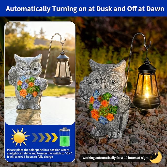 Solar Owl Garden Statue with Succulent Decor &amp Hanging Lantern – Outdoor Resin Decor for Patio Yard Balcony – Unique Gift for Women Gardeners
