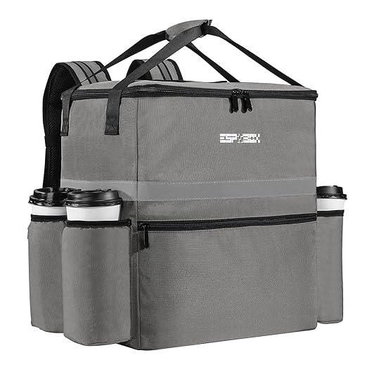 Insulated Food Delivery Backpack with Cup Holder - Perfect for Uber Eats Doordash &amp Postmates. Leakproof and Reflective Gray Bag for Hot/Cold Food Delivery on Bike.