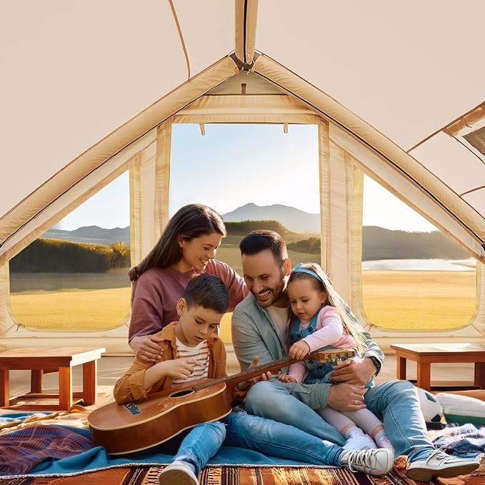 Inflatable Tents for Camping Blow Up Tent with Hand Pump Easy Setup Inflatable Hot Tent with Stove Jack Doors Mesh Windows Waterproof Oxford Air Glamping Tents for Camping 4 Person