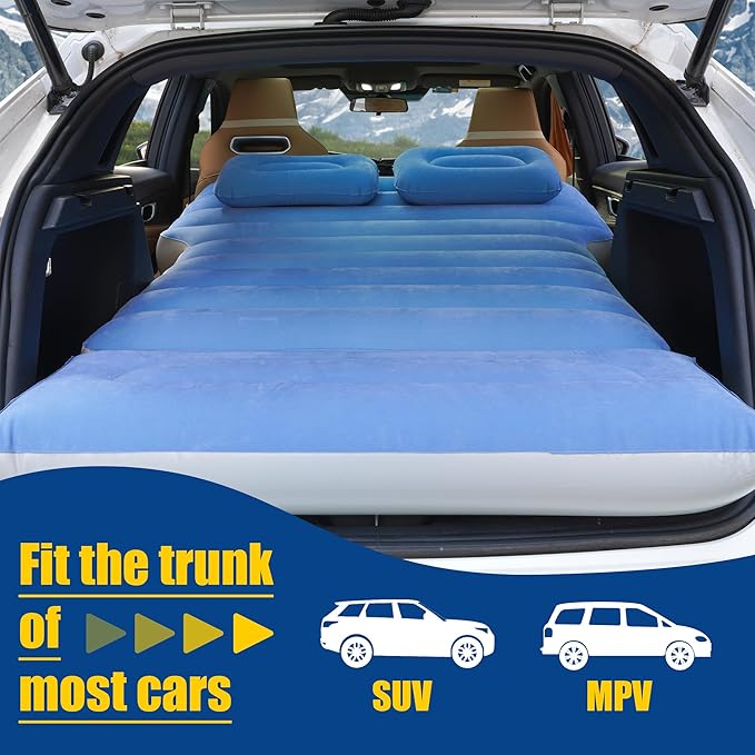 Inflatable Car Air Mattress with Built-in Pump Adjustable Car Camping Bed Sleeping Pad for Back Seat Portable Travel with Two Air Pillows