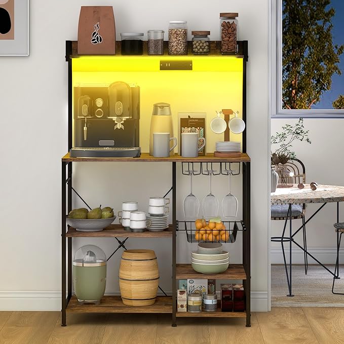 Rack with Power Outlet and LED Lights Bakers Racks for Kitchens with Storage Industrial Microwave Stand with Glass Holders Metal Basket Multiple Shelves Rustic Brown