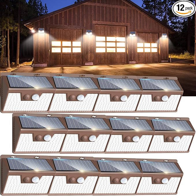 Peasur Solar Lights Outdoor Waterproof [12 Packs/140 LEDs] 3 Lighting Modes Solar Motion Sensor Light Outdoor Ultra Bright Security Lights Outdoor Solar Lights for Outside Fence Patio Deck[Brown]