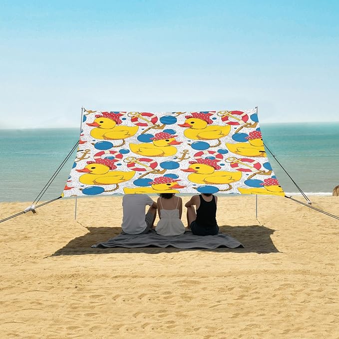 ALAZA Yellow Duck Lifebuoy Beach Tent Sun Shelter UPF50+ Protection Beach Shade Canopy w/ 4 Sandbags for Outdoor Camping Fishing Backyard Fun Picnic 10x9 ft