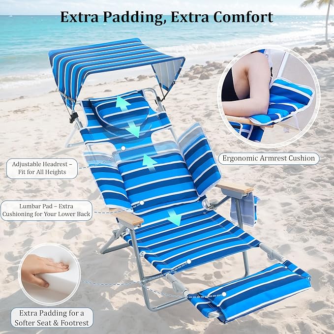 70'' Extra Long Beach Lounge Chair Tanning Chair with Canopy &amp Face Holes &amp Arm Holes &amp Storage Pocket Foldable Recliner with Carry Strap (1 Navy Stripe)