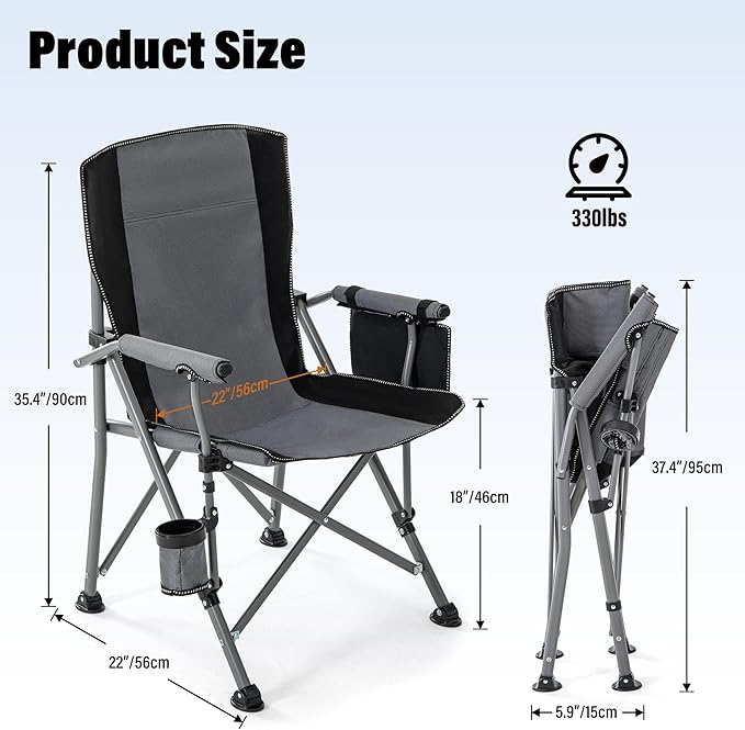 Lamberia Camping Chair for Adults Heavy Duty 330lbs Capacity Folding Chairs for Outdoor 600D Oxford Mesh High Back Camping Chairs with Arm Rest Cup Holder and Portable Carrying Bag(Light Grey)