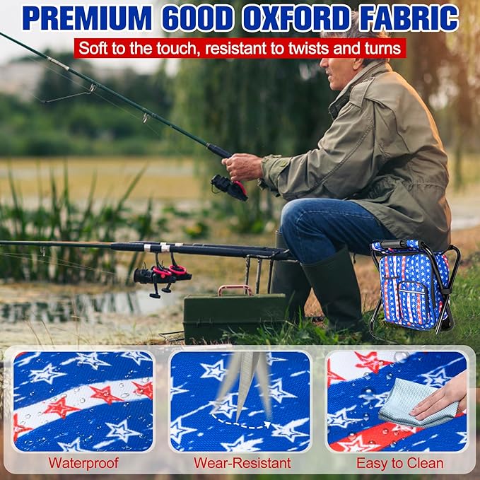 Kikerike Backpack Stool Cooler Chair Heavy Duty 300 LBS Max Load Portable Lightweight Stool Backpack Folding Fishing Cooler Seat for Camping Hunting Fishing - American Flag