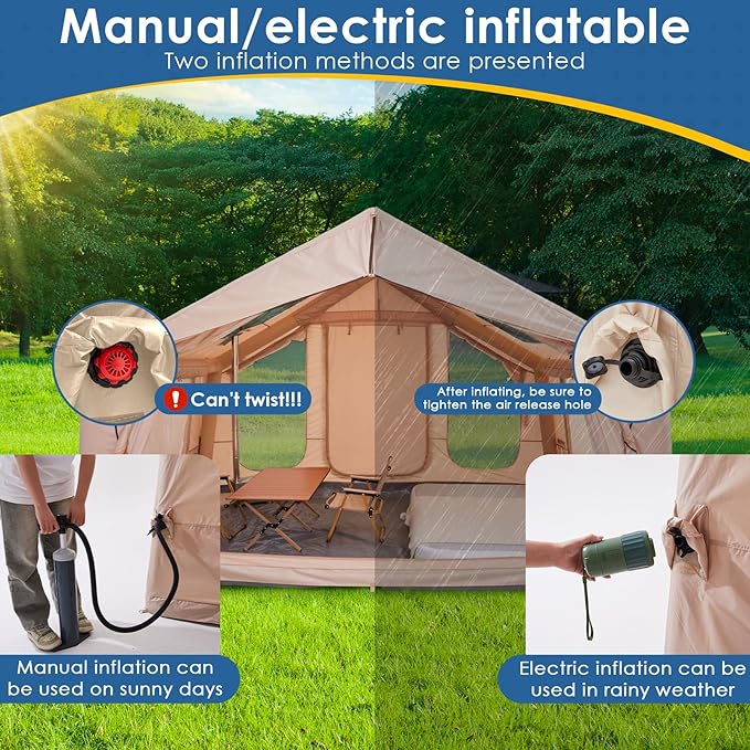Inflatable Camping Tent with Electric Air Pump - 420D Heavy Duty Oxford - 5 Min Auto-Inflation - Panoramic Stargazing Skylight - 4 Season Luxury Glamping Cabin 4-10 Person Multiple Sizes