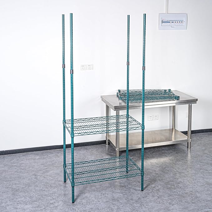 Restaurantware-Shelving Posts ONLY: Chef 101 74 Inch Shelving Posts 4 NSF Certified Epoxy Poles - Shelves Sold Separately with 4 Leveling Feet Green Steel Poles No Corrosion