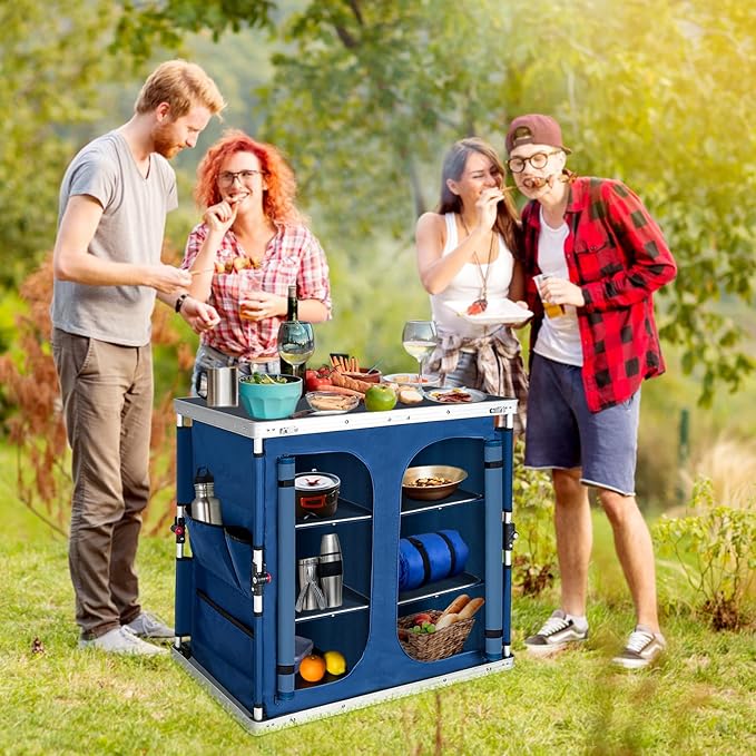 EAGLE PEAK Double Folding Camping Table with Storage Organizer and Side Pockets Portable Outdoor Portable Camping Table for BBQ Picnic and Tailgating Carry Bag Included Blue