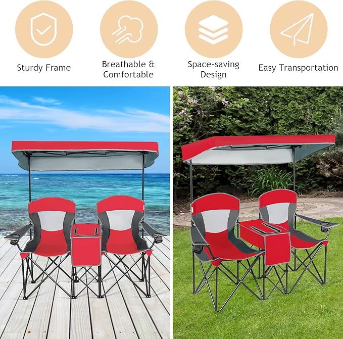 DORTALA Double Camping Chair with Canopy 2 Person Folding Beach Chair with Canopy Shade Table Beverage Holder and Storage Bag Double Rocker Chair Outdoor for Camping Beach Picnic Red