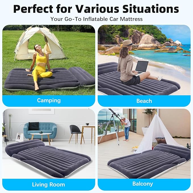 KMZ SUV Air Mattress with 2 Pillows – Thickened and Flocked Car Bed – Portable Travel Pad for Camping &amp Road Trips – Quick Inflate &amp Deflate with External Pump – Navy Blue+Light Gray