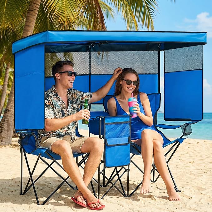 Double Beach Chair with Canopy Shade Heavy Duty Camping Chairs with Cup Holder Folding Loveseat for Outside Lawn
