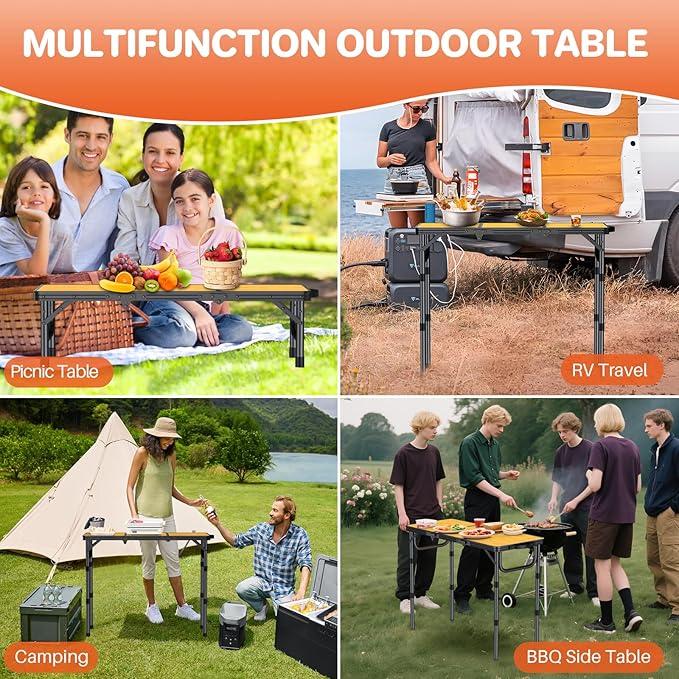 FUNYKICH 3ft Camping Folding Table with 3 Adjustable Height Portable Picnic Tables 34.2'' Lx15.7'' W Lightweight Aluminum Outdoor Table with Carry Handle for Camping Picnic Backyard BBQ-Black