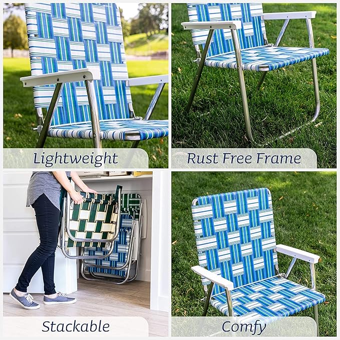 Lawn Chair USA - Outdoor Chairs for Camping. Made with Lightweight Aluminum Frames and UV-Resistant Webbing. Folds for Easy Storage 2- Pack (Yellow and White Stripes with White Arms Classic)