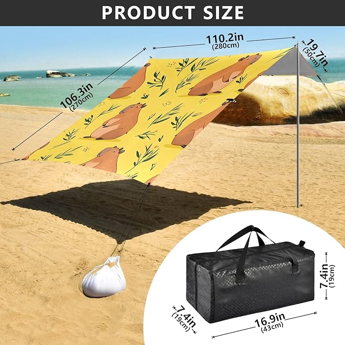 Cartoon Capybaras Grass Camping Sun Shelter Beach Tent Portable Beach Sun Shade Outdoor Canopy for Camping Trips Fishing Picnic