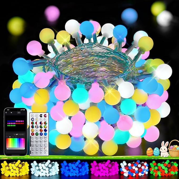 2026 New 46ft Smart Color Changing Easter Lights Outdoor Indoor | 100 LED RGB Globe Pastel String Lights App Control with Remote &amp Timer Fairy Light Plug in Waterproof Easter Decor Girl's Bedroom