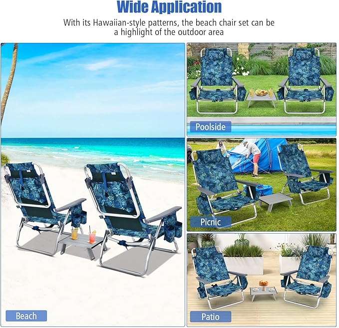 Backpack Beach Chair 5 Position Adjustable Camping Chairs with Aluminum Table Head Pillow Cooler Bag Cup Holders Folding Beach Chairs for Adults (with Table Blue Leaves)