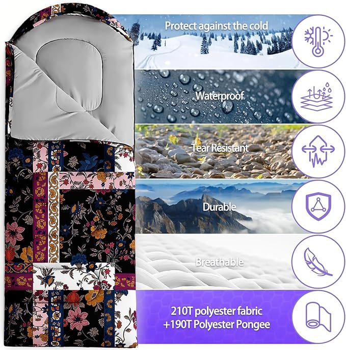 Sleeping Bags for Adults and Kids3D Printing Camping Sleeping Bag for Girls Boys Lightweight Waterproof Cold/Warm 3-SeasonOutdoor Travel with Compression Bags