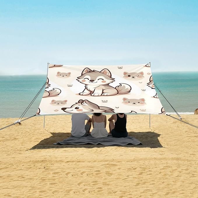 Cute Wolf Camping Sun Shelter Beach Tent Portable Beach Sun Shade Outdoor Canopy for Camping Trips Fishing Picnic