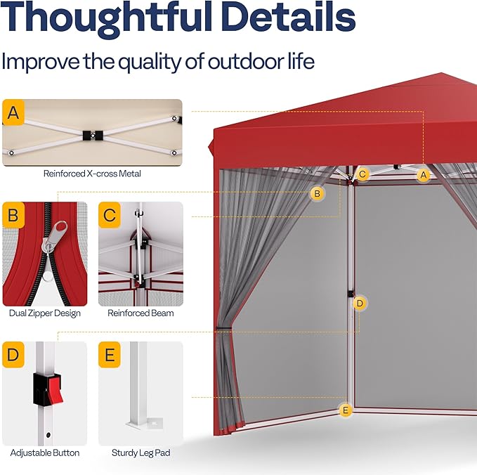 VIVOHOME 10x10ft Easy Pop-Up Canopy Outdoor Screen Tent with Mosquito Netting 2 Zipper Doors and Roller Bag for Yard Camping Picnic Party Events Red