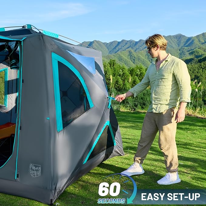 TIMBER RIDGE Camping Tent 4 Person Instant Pop Up Hub Tent with 8 Windows Easy 60 Second Setup Weather Resistant Family Cabin Tents with Rain Fly for Camping Hiking Outdoor Travel