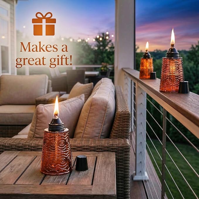 Seraphic Citronella Table Top Torches for Outdoor Patio 16oz Decorative Glass Torch Citronella Candles for Outside Deck Garden Parties Set of 3 Amber