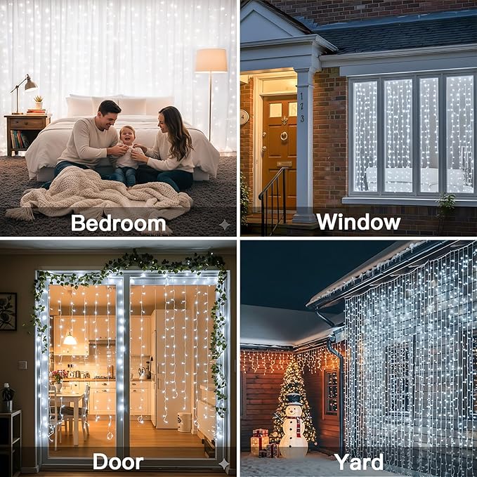 suddus Curtain Lights Outdoor String Lights for Bedroom Window Wall Wedding Party White 300 LED