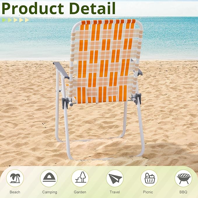 Bonnlo Foldable Patio Chair Set of 2 Heavy-Duty Steel Frame Supports 265 lbs/120 kg Ultra-Lightweight Portable for Travel Poolside Camping Beach (Orange Crisscross Weave)