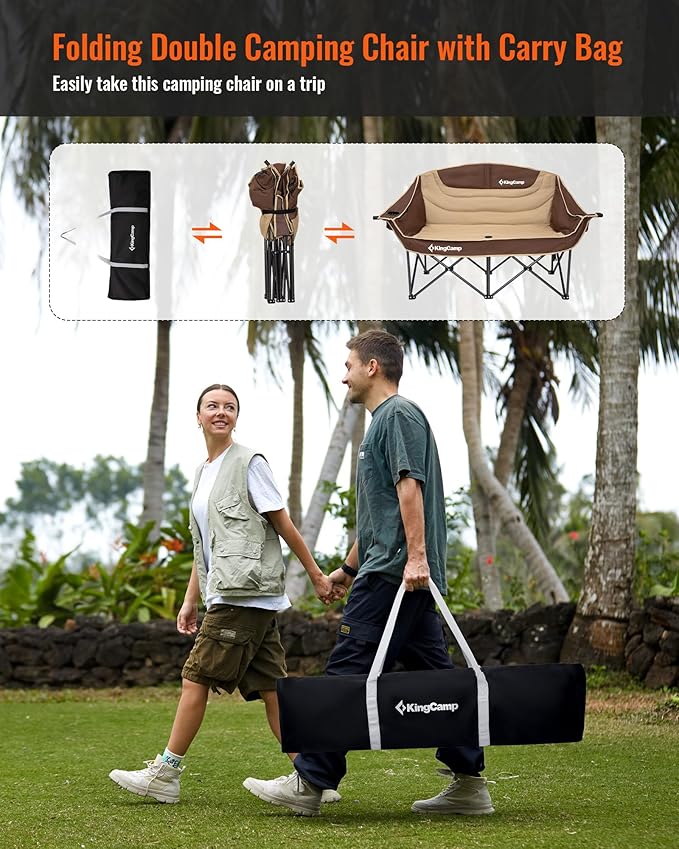 KingCamp Double Camping Chair Oversized 660lbs Heavy Duty Loveseat for Adults Portable Folding XL 2 Person Couch Padded Comfortable Two Seat with Cup Holder for Outdoor Lawn Backyard Khaki/Coffee